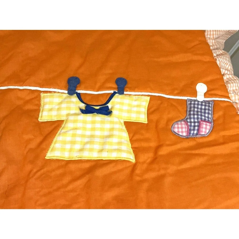 Vintage Baby Blanket Quilt Comforter 60 x 37 Clothes‎ Line Orange Gingham RARE